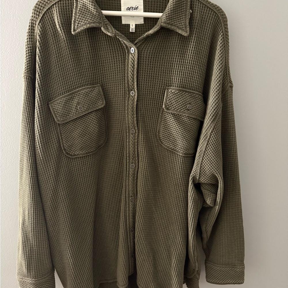 Aerie Khaki Waffle Knit Button-Up Shirt